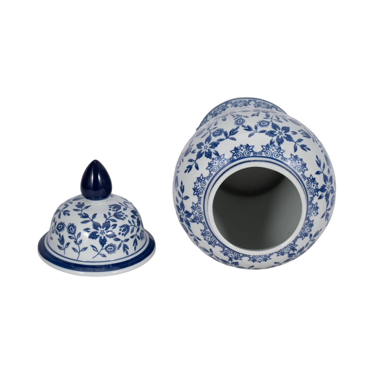 white/blue ceramic chinoiserie temple jar