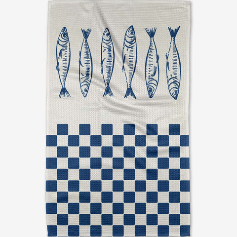 blue check sardines tea towel