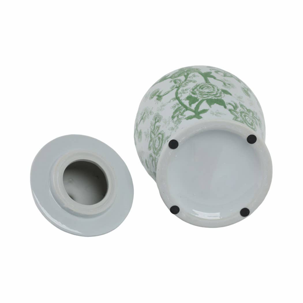 bird & floral ceramic temple jar {green/white}