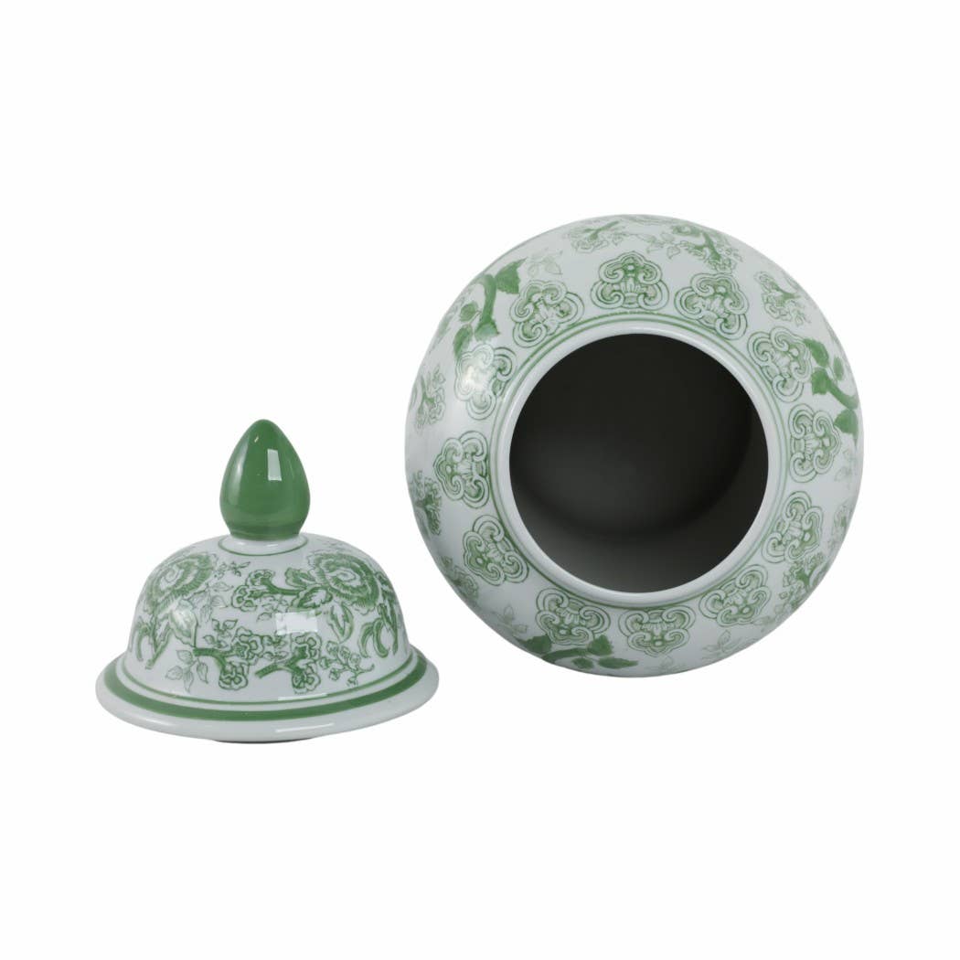 bird & floral ceramic temple jar {green/white}