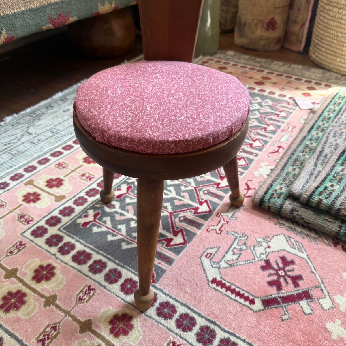 vintage wooden three legged birthing chair with rose seat {shipping not available}