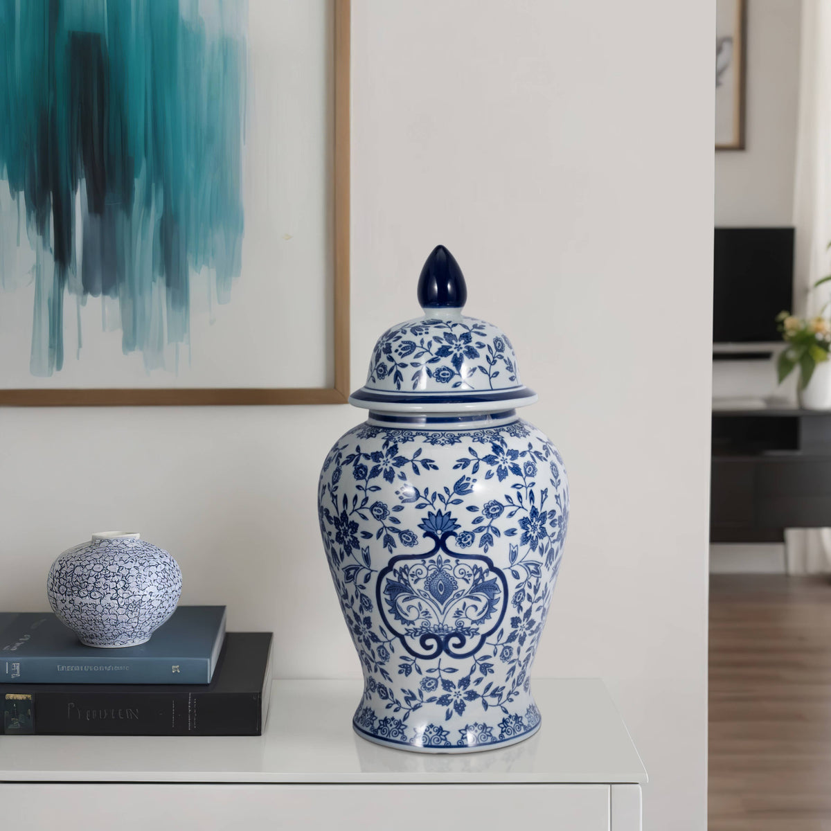 white/blue ceramic chinoiserie temple jar