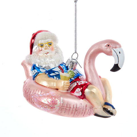 santa in flamingo pool float ornament