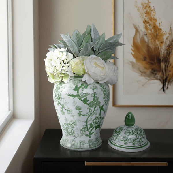 bird & floral ceramic temple jar {green/white}