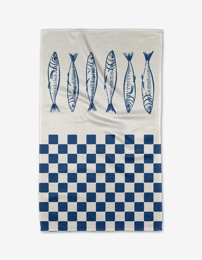 blue check sardines tea towel