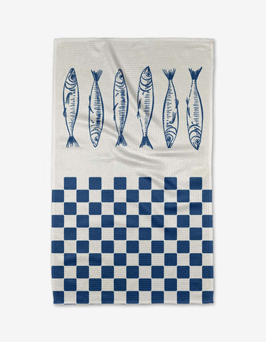 blue check sardines tea towel