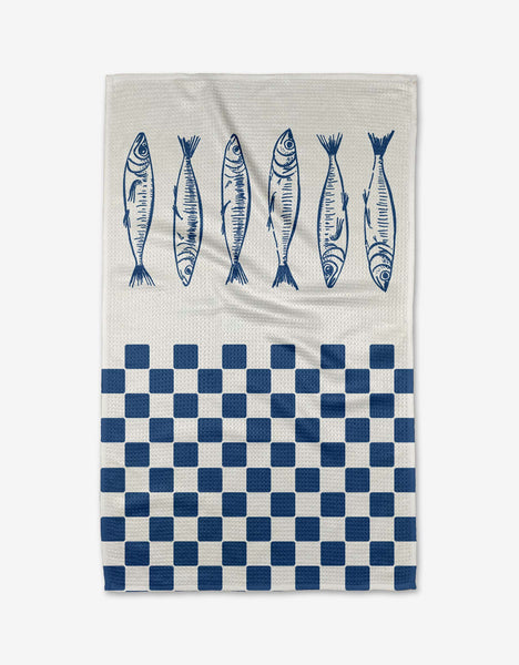 blue check sardines tea towel