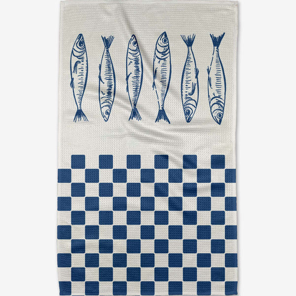 blue check sardines tea towel