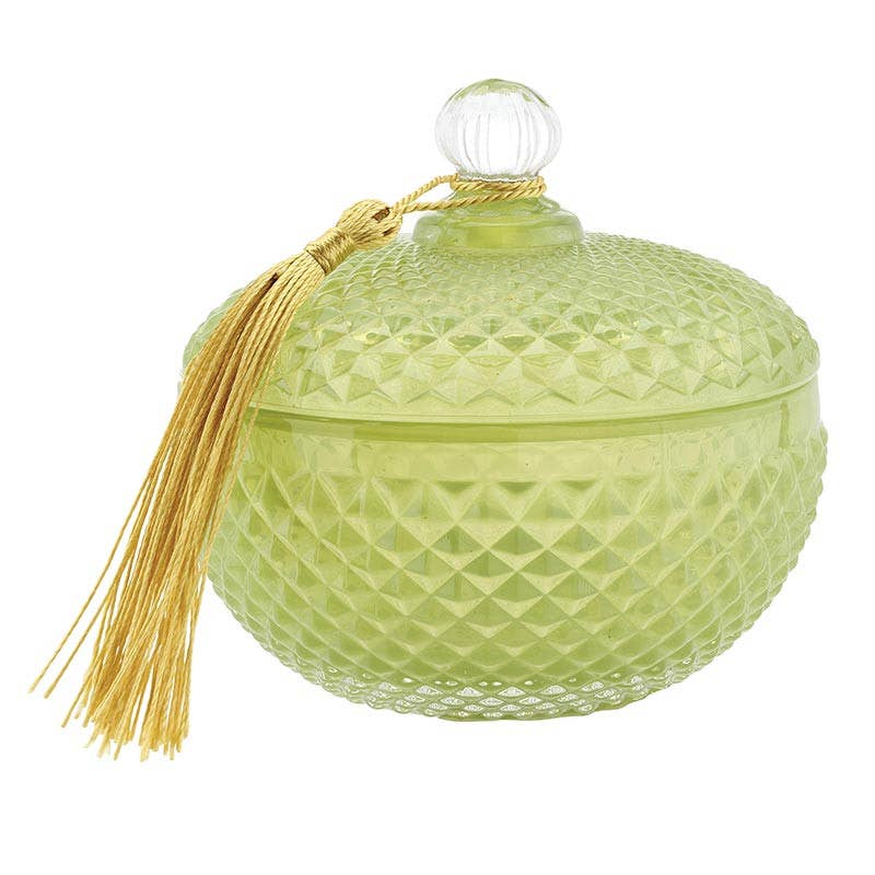 green glass jar: glass {3.5 dia x 3.5 h}