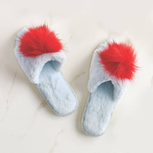 plush pom pom {medium} slippers {light blue & red}