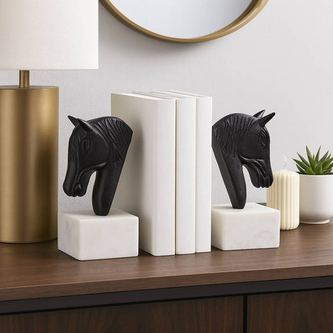 white/black metal horse head bookends