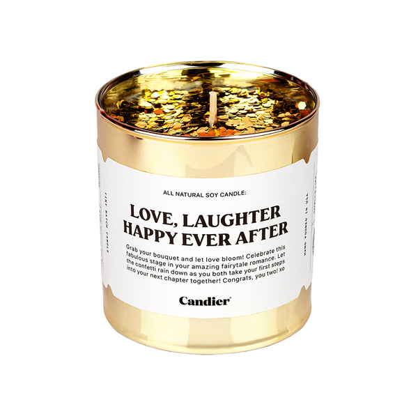 love, laughter, happy ever after candle