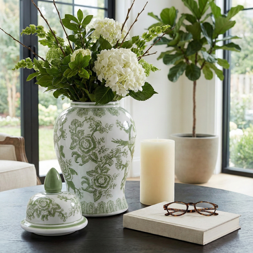 bird & flower chinoiserie {green/white} temple jar