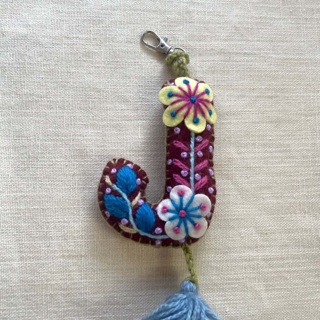 j - hand embroidered keychain
