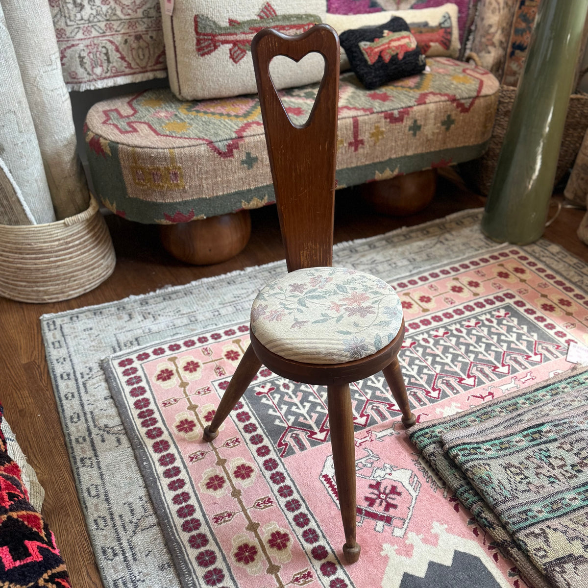 vintage wooden three legged birthing chair with cream seat {shipping not available}