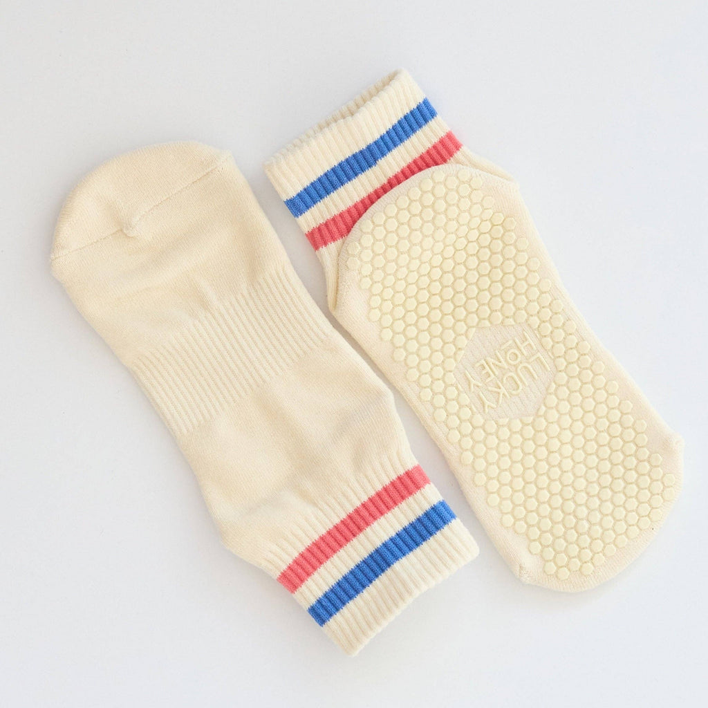 cream w/ blue & apricot stripes grip sock