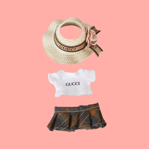 labubu brown and navy plaid mini designer skirt set