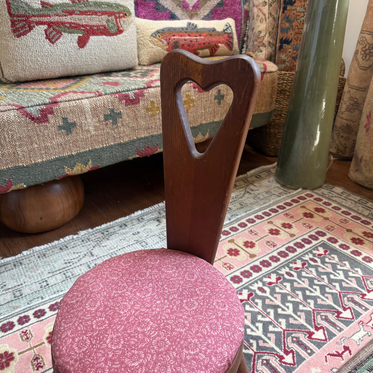 vintage wooden three legged birthing chair with rose seat {shipping not available}