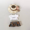 labubu brown and navy plaid mini designer skirt set