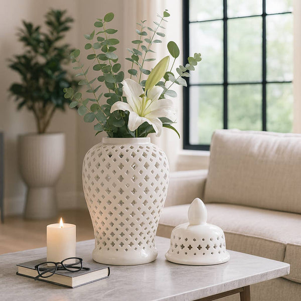 white ceramic cut-out clover temple jar