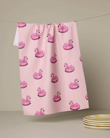 flamingo floatie tea towel