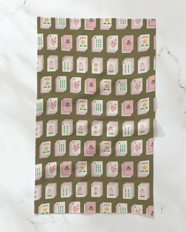 flower tiles green tea towel