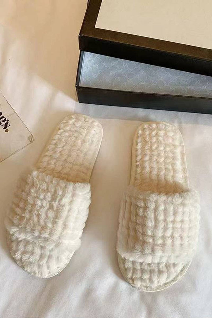 cream fuzzy slippers