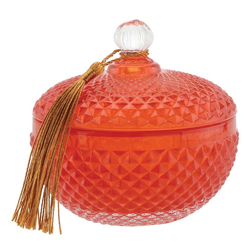 red glass jar: glass {3.5 dia x 3.5 h}