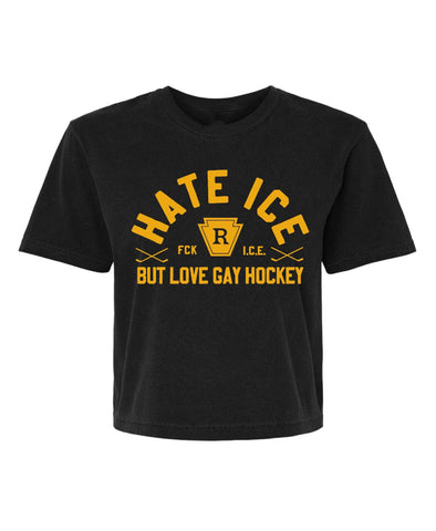 hate ice but love gay hockey cropped tee