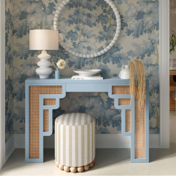 beige striped linen ottoman
